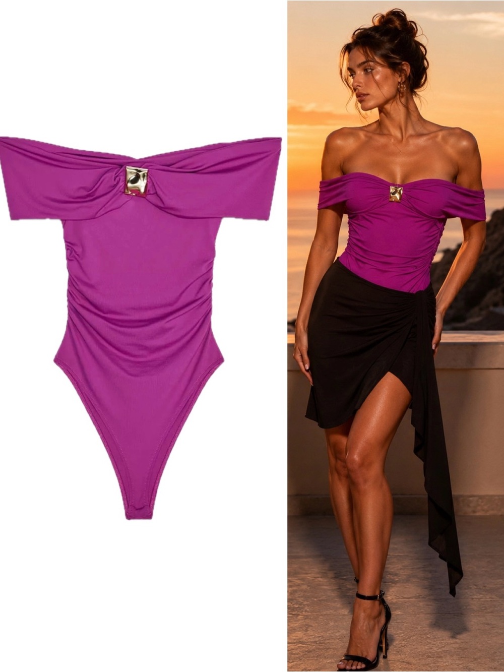 ZARA Magenta Off-the-Shoulder Ruched Bodysuit Gold Hardware Stretch Top Sz M